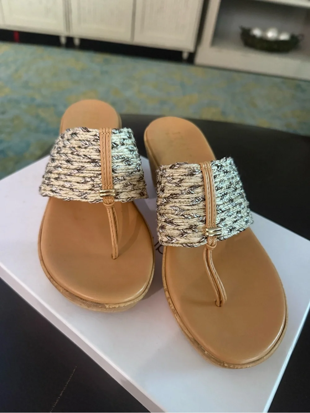 Italian Shoemakers Tan Woven Thong Wedge Sandals